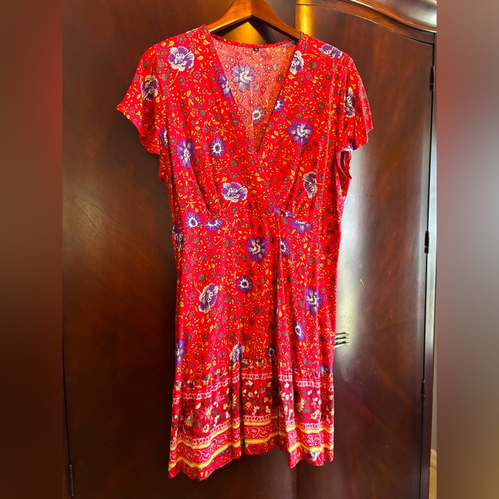 Vibrant Red Floral Wrap Dress